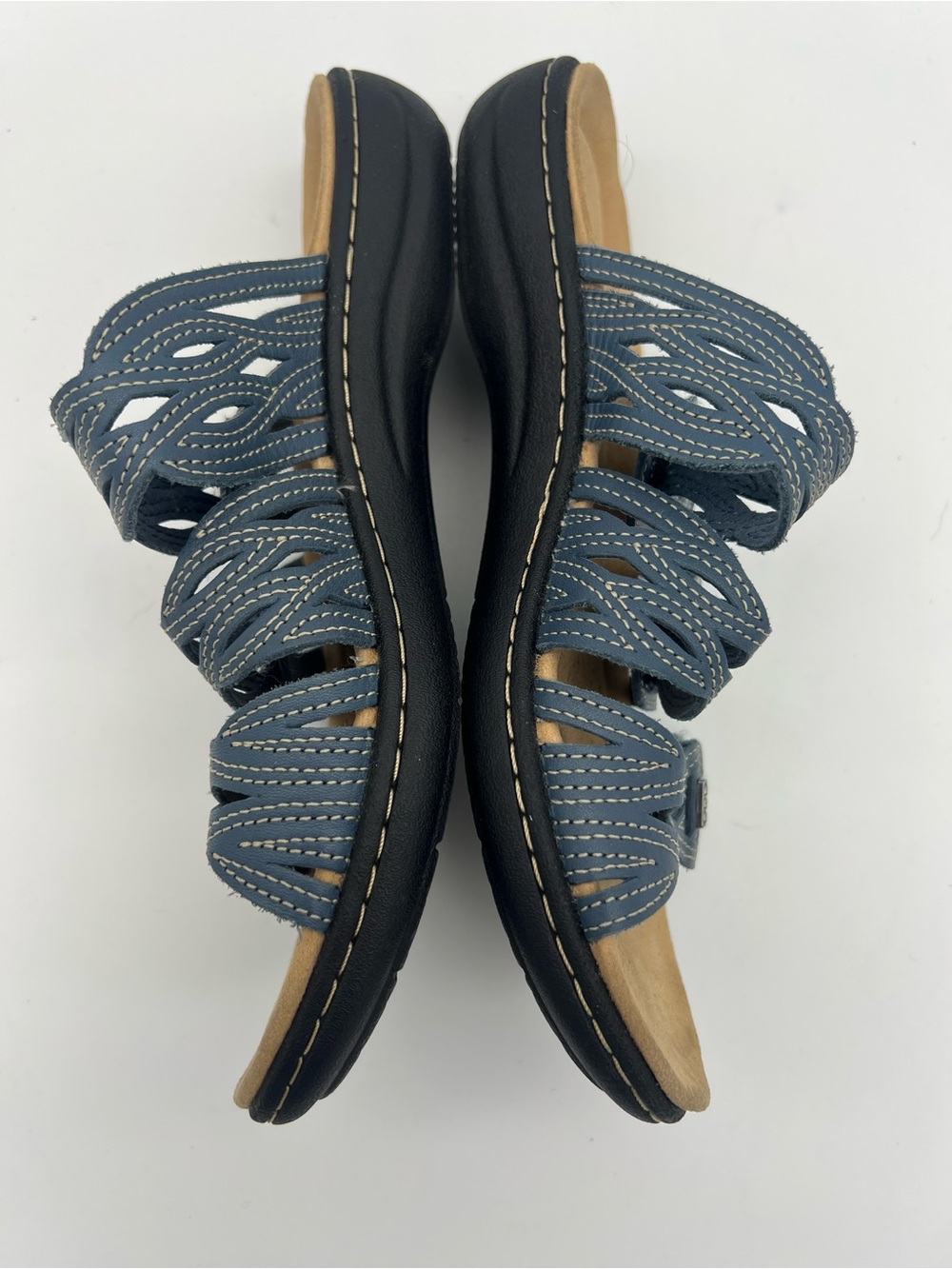 Clarks Blue Leather Laurieann Sandals Womens Size 8 Slip On Slides Bohemian - Picture 5 of 7
